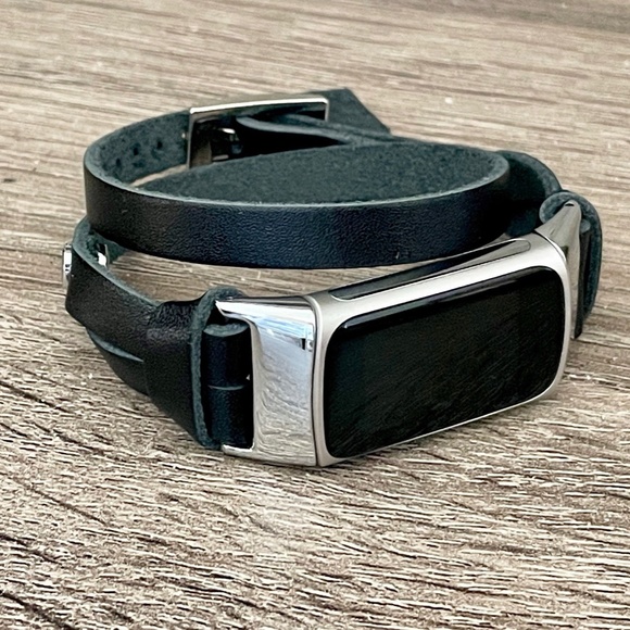 Double Wrap Black Leather Strap Silver Fitbit Charge 5 Band Women Wristband - Picture 6 of 8